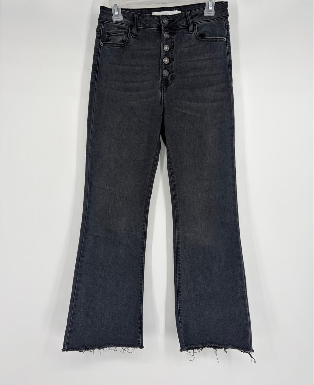 Hidden Jean High Rise Button Fly Flare Raw Hem Washed Black
